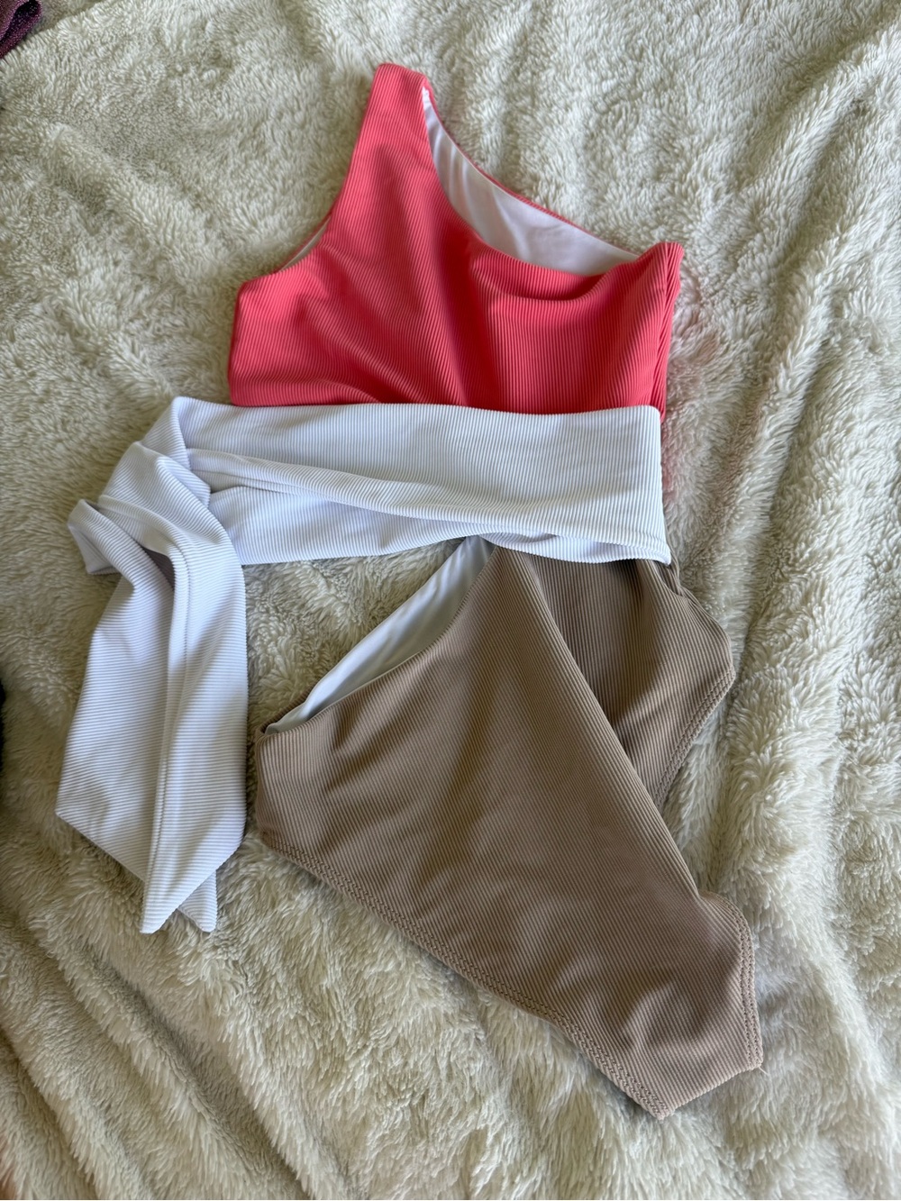 Beach Riot Colorblock One-Shoulder One-Piece Swimsuit in Coral, White & Beige - Picture 3 of 4